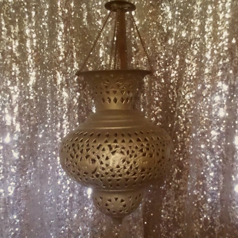 Vintage Pierced Brass Moroccan Persian Hanging Lamp Light Lantern